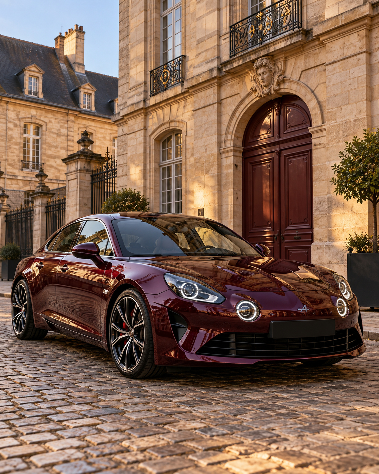 Voiture bordeaux lustrée devant une façade en pierre de Bourgogne
